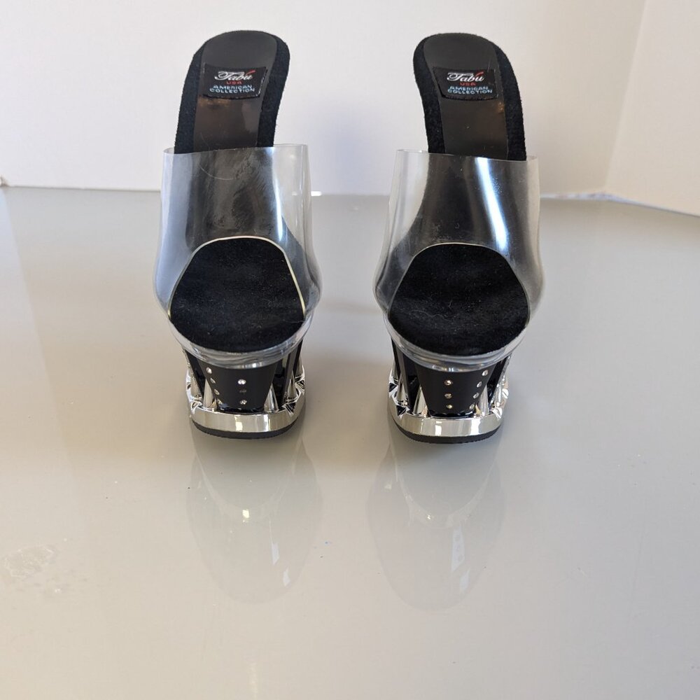 Y2K Tabu Chrome Black Shark Platform Stiletto Stripper Heels Rhinestone Studs 8 - Picture 9 of 12